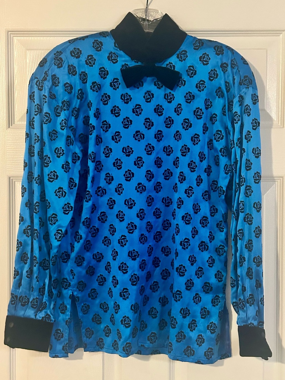 ESCADA Margaretha Ley Vintage 80’s Electric Blue Velvet Rose Silk Blouse